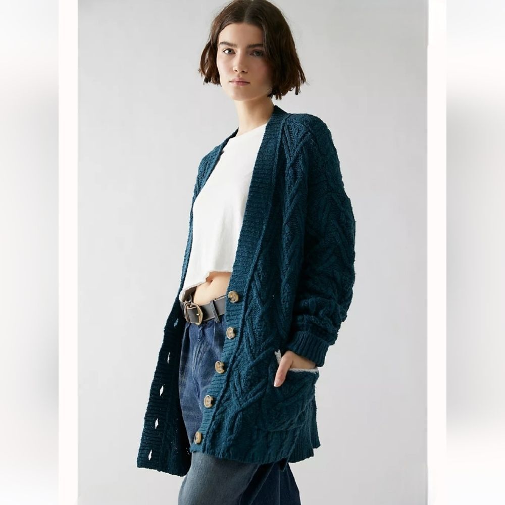 Free People Women's Montana Cable Cardi in Varsity Navy Size S